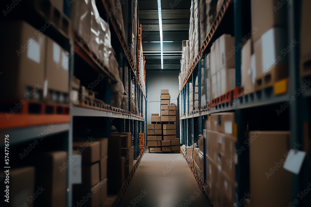 Warehouse Distribution center. Distribution warehouse with merchandise boxes, shelfs, carboard boxes and products, Multi-tier racks with products on pallets in a logistics warehouse. Ai Generative