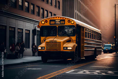 School bus in New York on road streen in Manhattan. Student transportation to classroom. Usa school bus in yellow, ai generative illustration. photo