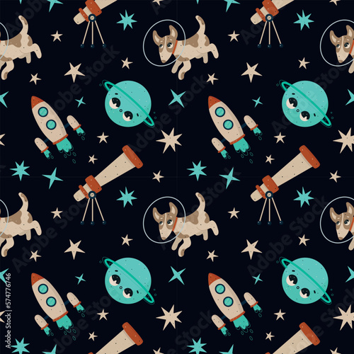 Space cute seamless pattern for printing vector hand draw illustration on the black