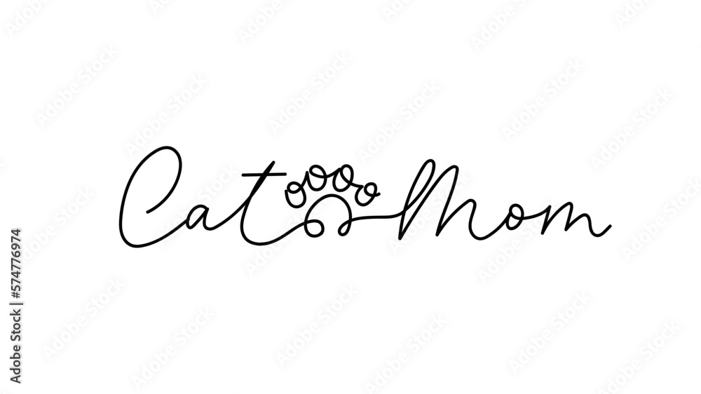 Cat Mom lettering design with paw print in continuous line style. Funny lettering cat quote. Vector illustration