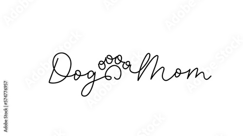 Dog Mom lettering design with paw print in continuous line style. Funny lettering cat quote. Vector illustration