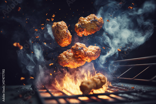 Floating nugget pieces fall onto the grill as they drift through the air.. Generative AI