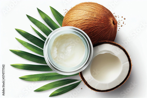 Jar of coconut oil and coconut halves on a white background, top view. Generative AI photo