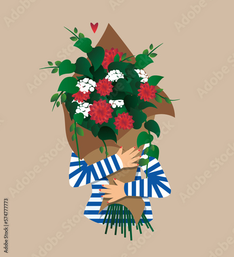 I can buy myself flowers, a girl with a striped sweater, holding flowers in her arms