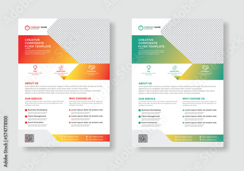 Business promotional flyer template with Vivid red, Light yellow or Bright yellow, Dark cyan, geometric shapes