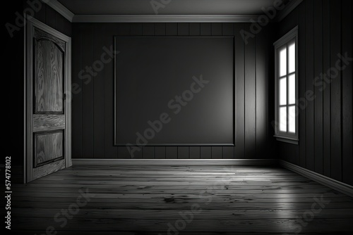 Interior  empty black wall  old wooden plank floor. Generative AI