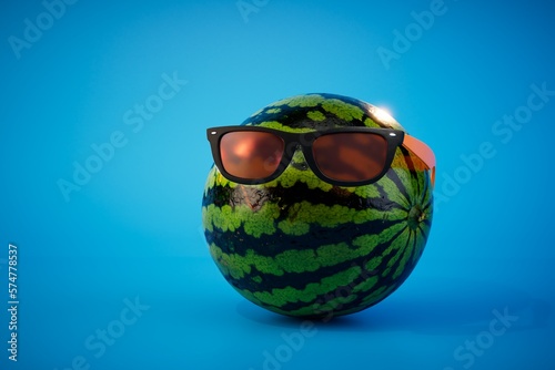 a large striped watermelon in sunglasses on a blue background. 3D render
