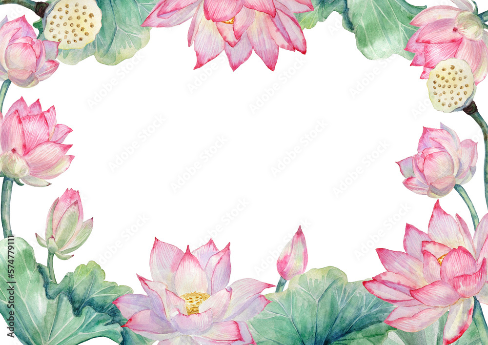 Watercolor frame with hand-painted elements of lotus flowers, leaves, and lotus seed ovaries on a transparent background.