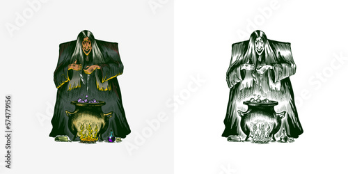 The old witch conjures and brews a potion in a cauldron. Ancient mythical Magic character. Engraved monochrome sketch. Hand drawn vintage Fortune illustration.