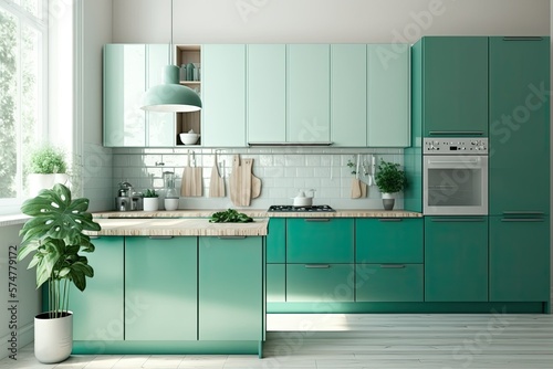 Modern kitchen design with green cabinets and wooden counter. vertical kitchen counter. Generative AI