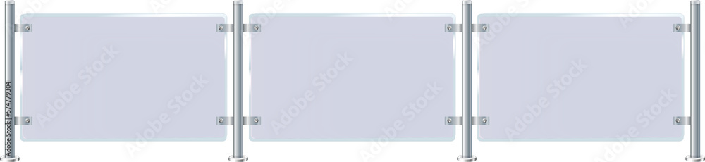 Glass or plexiglass fence with banisters. Architectural guardrail for balcony or office terrace. Glass or plexiglass fence with banisters. Architectural guardrail for balcony or office terrace.