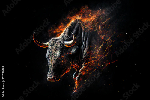portrait of a bull glowing ,powerfull ,mystical ,wall art ,colourfull photo