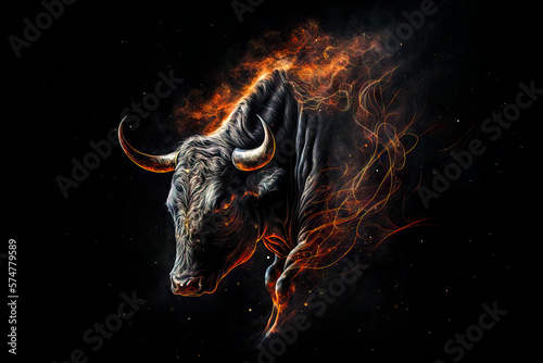 portrait of a bull glowing ,powerfull ,mystical ,wall art ,colourfull