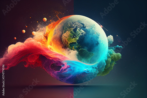 A celestial explosion of multi-colored light, engulfing the Earth as it expands outwards into outer space. Generative AI