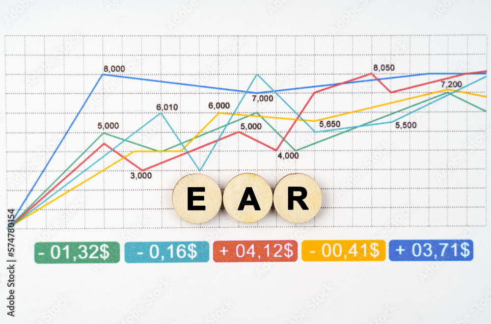 On the business chart are wooden circles with the inscription - EAR On the business chart are wooden circles with the inscription - EAR
