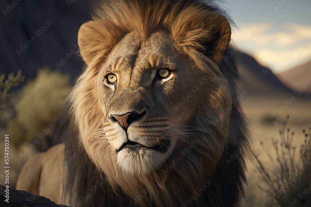Majestic Lion in the desert closeup shot, generative AI