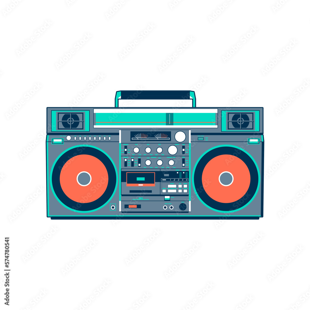Vector image of a classic Boombox or Ghetto Blaster. Inspired by the JVC RC-M90 model in turquoise and orange