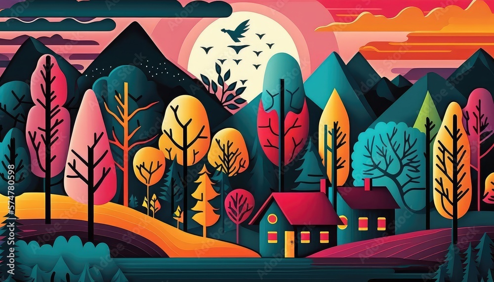 Landscape bright digital illustration colorful trees, mountains and houses. Generative AI