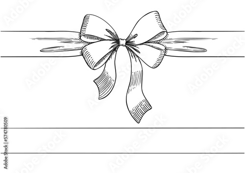 Set of long  bow and ribbon. Hand drawn vintage line art. Ink sketched vector illustration.