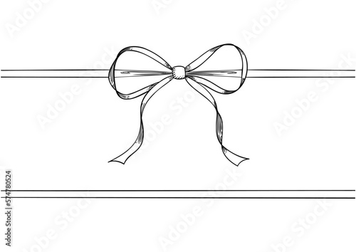 Set of long  bow and ribbon. Hand drawn vintage line art. Ink sketched vector illustration.