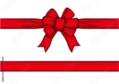 Vintage style decorated red long bow and ribbon. Hand drawn ink line art vector illustration.