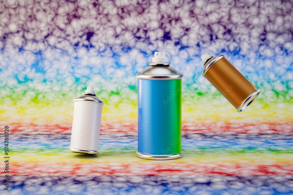 Fototapeta premium cans of paint of white, blue and red color on a multi-colored background. 3D render