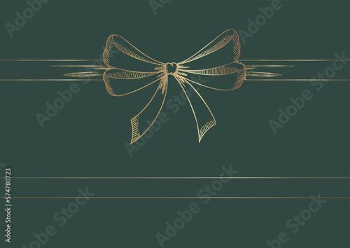 Vintage style decorated long bow and ribbon. Hand drawn vintage line art vector illustration. Gold color.