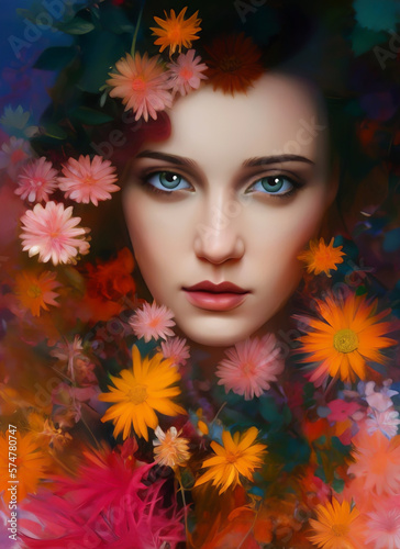 Painting of a beautiful woman's face, Portrait of a beautiful woman with flowers © Eduardo