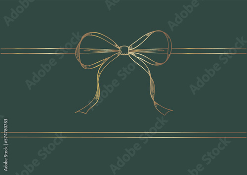 Vintage style decorated long bow and ribbon. Hand drawn vintage line art vector illustration. Gold color.