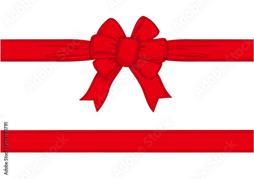 Vintage style decorated long red bow and ribbon. Hand drawn vintage line art vector illustration.