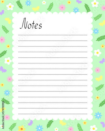 Notes blank lined page template with floral seasonal springtime nature decoration simple vector illustration, green rectangular frame, butterflies, leaves, flowers printable personal diary