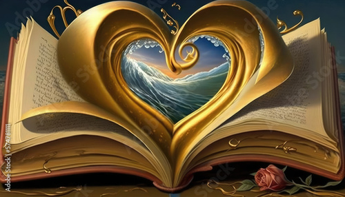 "Book of Love" - a surrealistic and enchanting wallpaper background, featuring a book with hearts and flowers