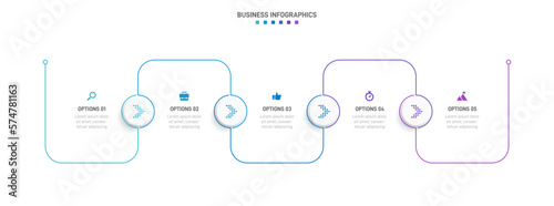 Timeline infographic with infochart. Modern presentation template with 5 spets for business process. Website template on white background for concept modern design. Horizontal layout.