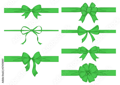 Vintage style decorated long green bow and ribbon. Hand drawn vintage line art vector illustration.