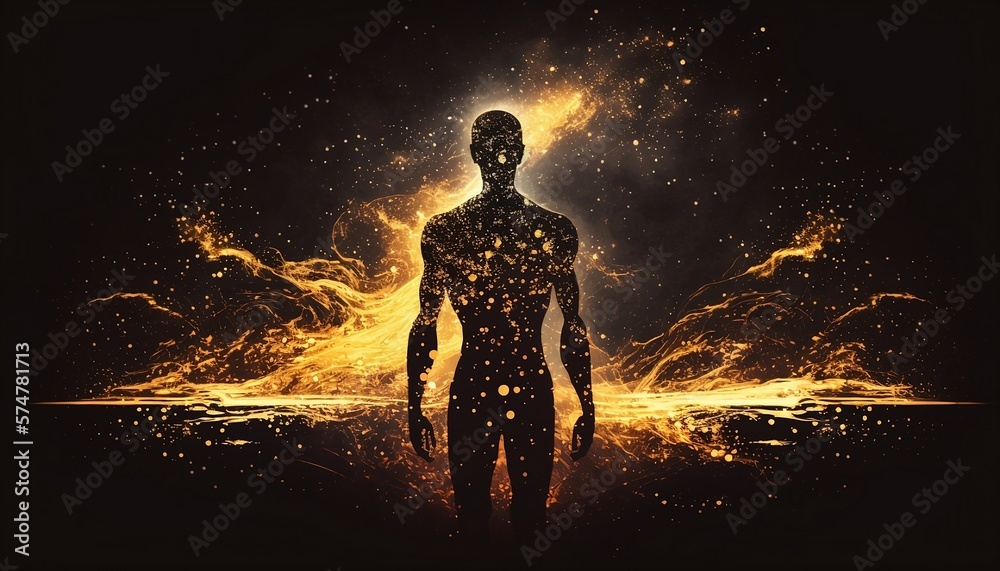Silhouette of an astral form against an abstract space backdrop: Conveying notions of esotericism, spirituality, meditation, as well as the connection between realms beyond our physical world