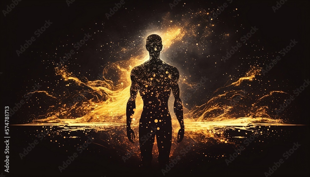 Silhouette of an astral form against an abstract space backdrop: Conveying notions of esotericism, spirituality, meditation, as well as the connection between realms beyond our physical world Silhouette of an astral form against an abstract space backdrop: Conveying notions of esotericism, spirituality, meditation, as well as the connection between realms beyond our physical world