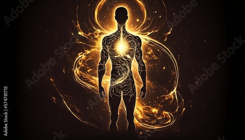 Silhouette of an astral form against an abstract space backdrop: Conveying notions of esotericism, spirituality, meditation, as well as the connection between realms beyond our physical world