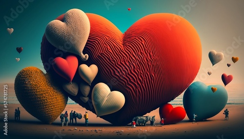 A bunch of big hearts by the sea