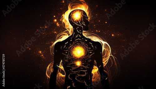 Silhouette of an astral form against an abstract space backdrop: Conveying notions of esotericism, spirituality, meditation, as well as the connection between realms beyond our physical world