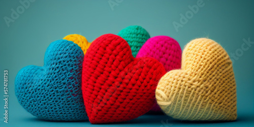 Colourful knitted wool heart with light background