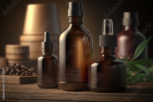 Wallpaper Mural Glass brown bottles with organic cosmetics on wooden table mockup. AI generation Torontodigital.ca