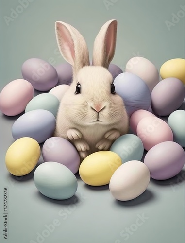  a rabbit sitting in a pile of eggs with a blue background and a gray background behind it, with pastel eggs all around it. generative ai
