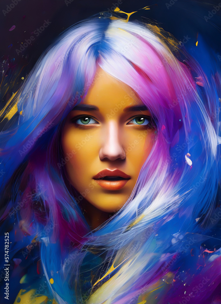 Painting of the face of a beautiful woman, Portrait of a beautiful woman, colorful hair