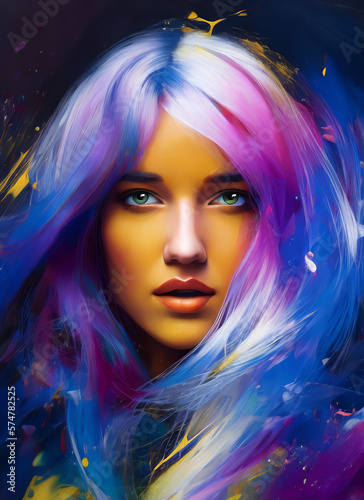 Painting of the face of a beautiful woman, Portrait of a beautiful woman, colorful hair © Eduardo