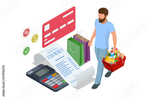 Isometric checking a grocery receipt, grocery shopping and expenses concept. Grocery supermarket, food and eats online buying