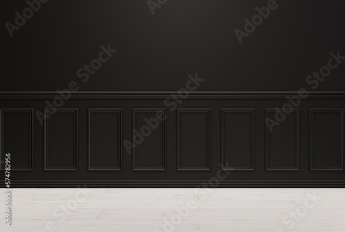Dark decorative wall, room interior. Product placement concept, beautiful empty wall with decorative pattern, panel. 3D render; 3D illustration.