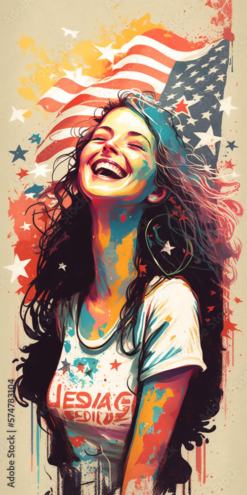 Fototapeta premium A jubilant woman in a patriotic setting, her smile capturing the essence of American cheer.