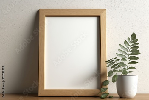Leaning against a beige wall is a wooden photo frame. Template for a blank mockup. Generative AI