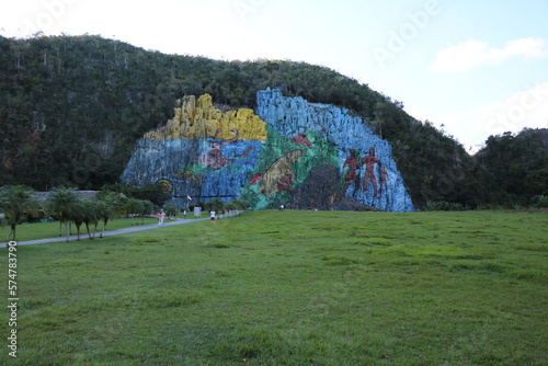 View to Unesco World Heritage Mural de la Prehistoria in Valle de Viñales, Cuba Caribbean photo