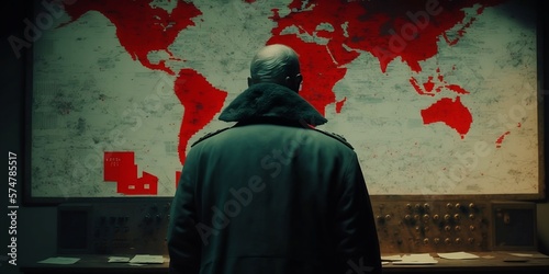 A mysterious Russian dictator inside an underground bunker planning on to start a nuclear attack, looking at a world map on wall with pins in different locations photo